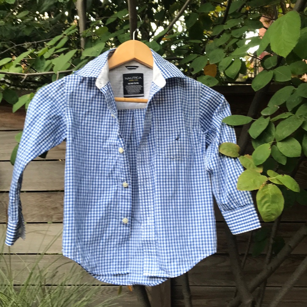 Blue and white checkered boys button down
